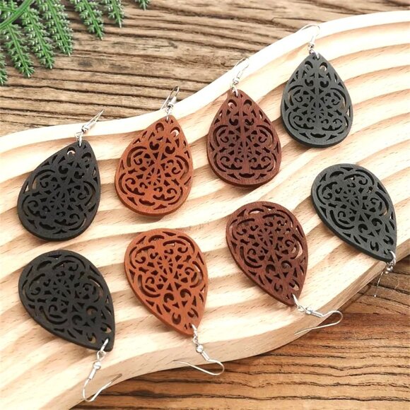 4pr Hollow Cut Out Wood Bohemian Earrings Dangle Boho Carved Hippie Trendy - Picture 1 of 3